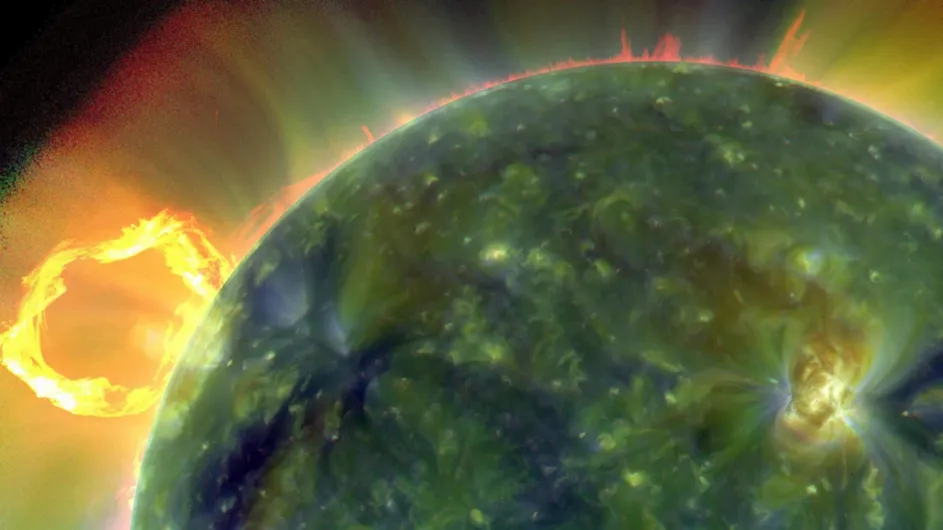 Magnetic activity on the Sun as seen in ultraviolet light. Using data from the Mauve satellite, Columbia researchers will study phenomena like these on nearby stars and their effects on the habitability of neighboring planets. (Credit: NASA/SDO/AIA)