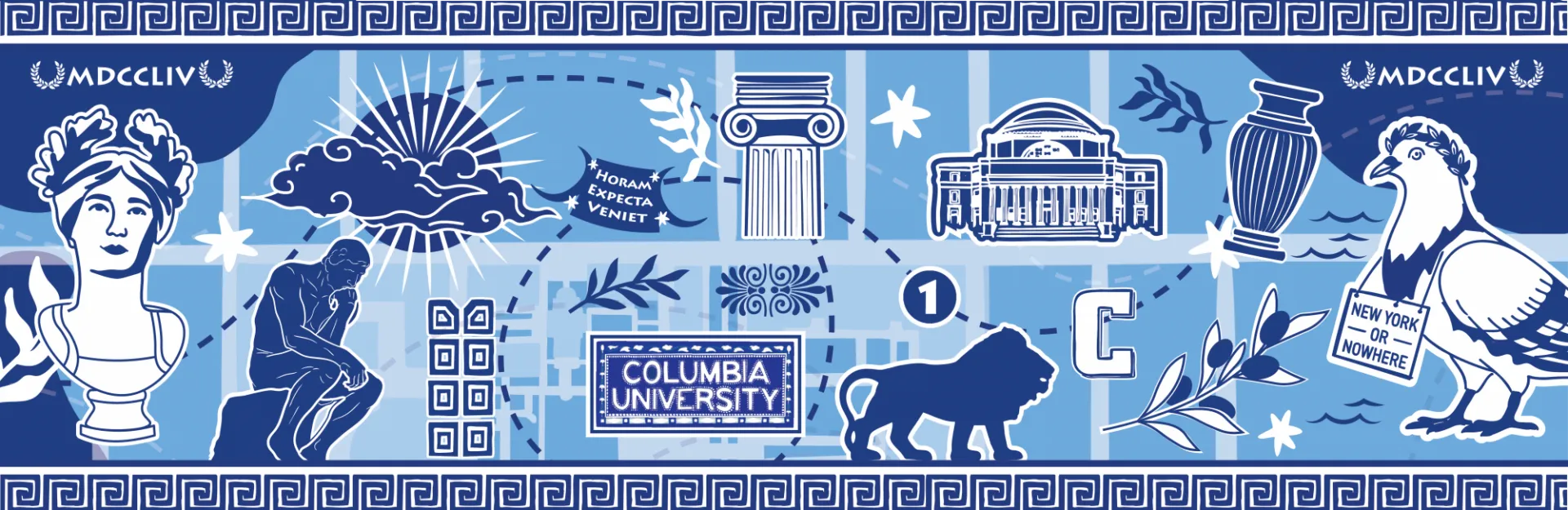 A graphic in a Greecian style of Columbia iconography for the back-to-school time period.