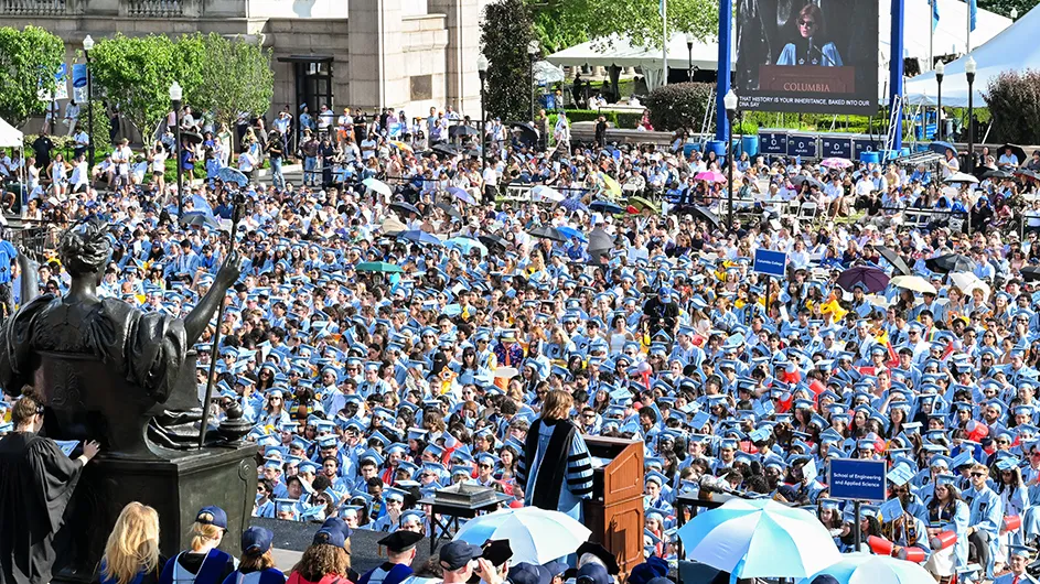 Acting President Claire Shipman addresses the graduates of Columbia’s four undergraduate schools and affiliates at University Commencement on May 20, 2026. 