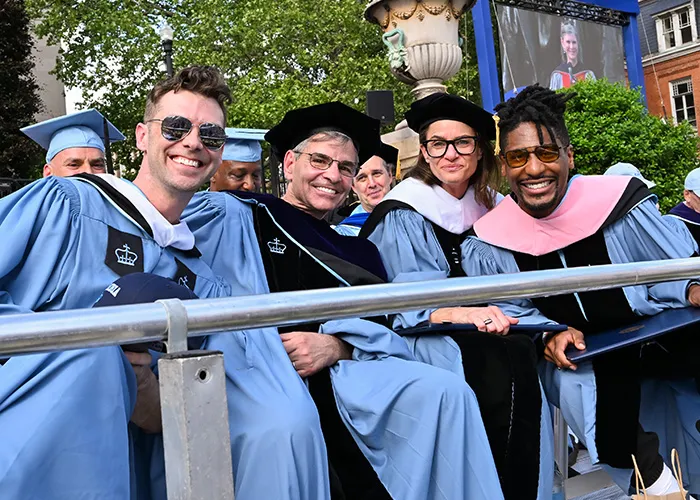 From left to right: Michael Novak, University Medal for Excellence; George Stephanopoulos, Honorary Doctor of Laws; Amanda Peet, Doctor of Humane Letters; and Jon Batiste, Doctor of Music.