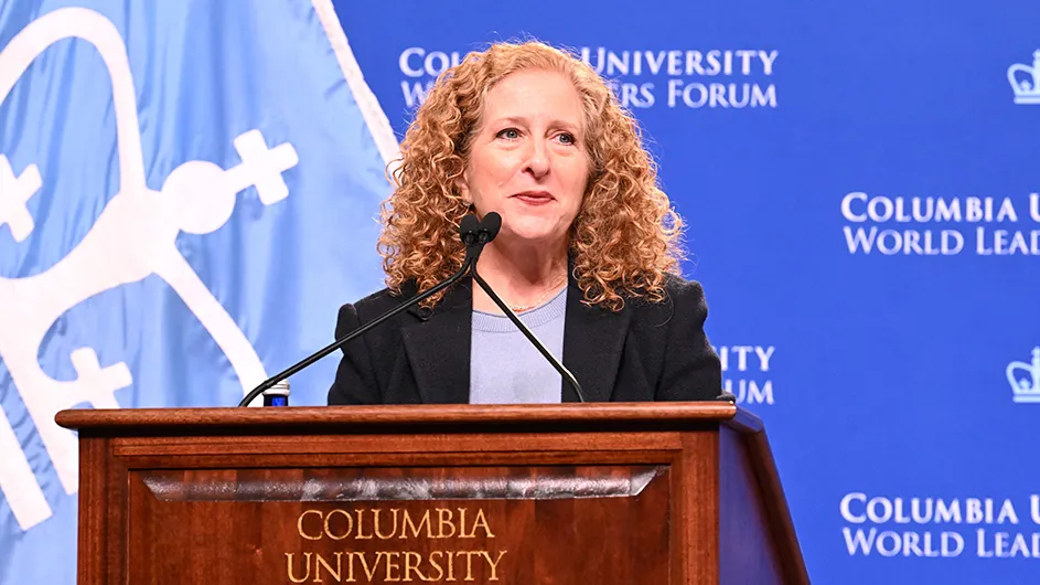 Jennifer Mnookin speaking from a podium at the 2026 Columbia University World Leaders Forum.
