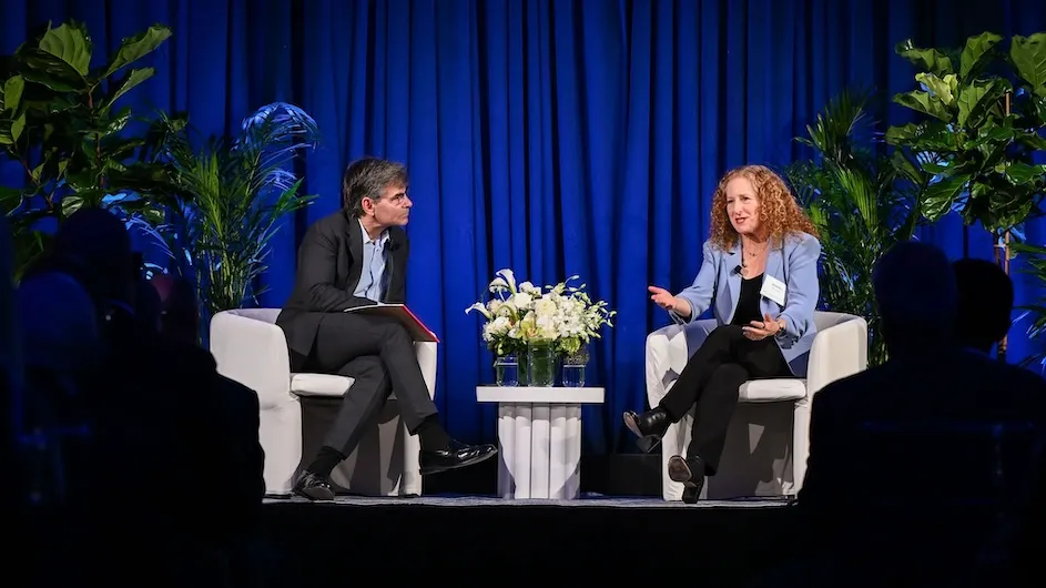 Columbia University President Jennifer L. Mnookin in conversation with news anchor and political commentator George Stephanopoulos (CC’82, HON’26). Photo by Diane Bondareff.
