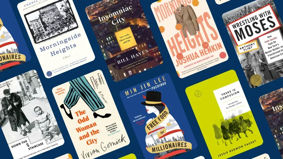 A book collage of Morningside Heights based books