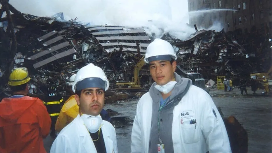 Photo of two Columbia medical school students down at Ground Zero in September 2001