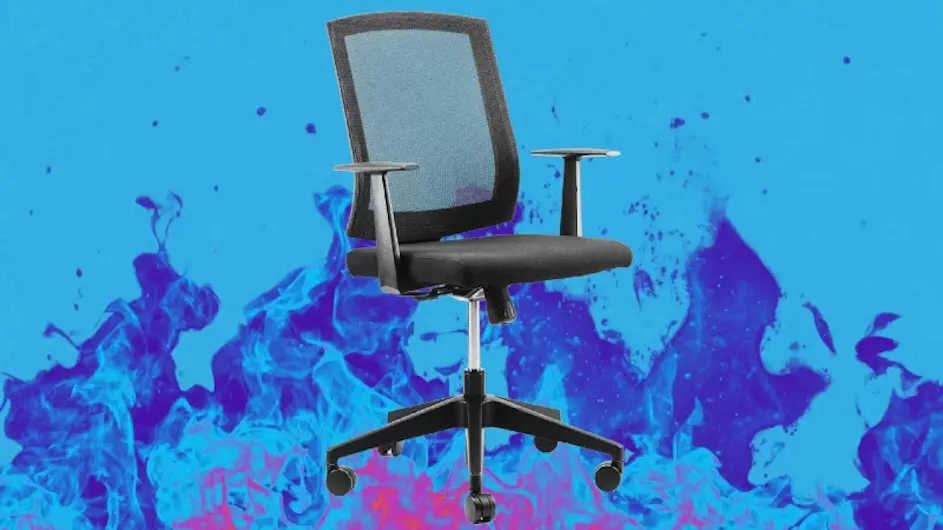 Artistic illustration of an office chair with a colorful lava lamp like background.