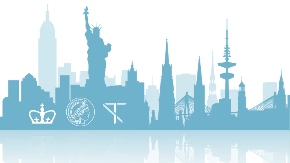 The Columbia National Science Foundation Materials Research Science and Engineering Center for Advanced Electronic Materials logo, which blends the skylines of New York City, Hamburg, and Mainz and includes the logos for Columbia University, the Flatiron Institute, and the Max Planck Society.  