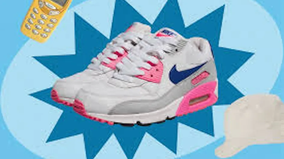 Illustration of 1990s-style Nike sneakers, cellphone, and baseball hat. 