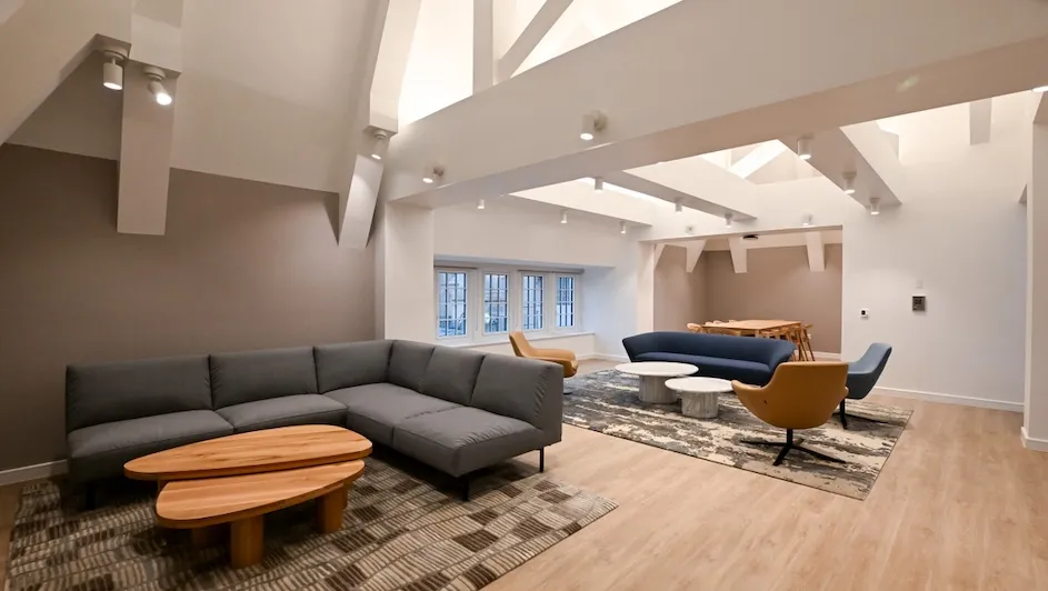 A communal area inside Columbia School of General Studies’ new residence hall, designed to foster community, connection, and belonging near Columbia’s Morningside Heights campus.