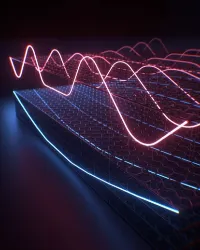Standing waves of terahertz light are confined in conductive layers of a van der Waals heterostructure. Self-cavity modes in graphene (red) and a graphite gate (blue) hybridize in the ultrastrong coupling regime. Credit: Brad Baxley
