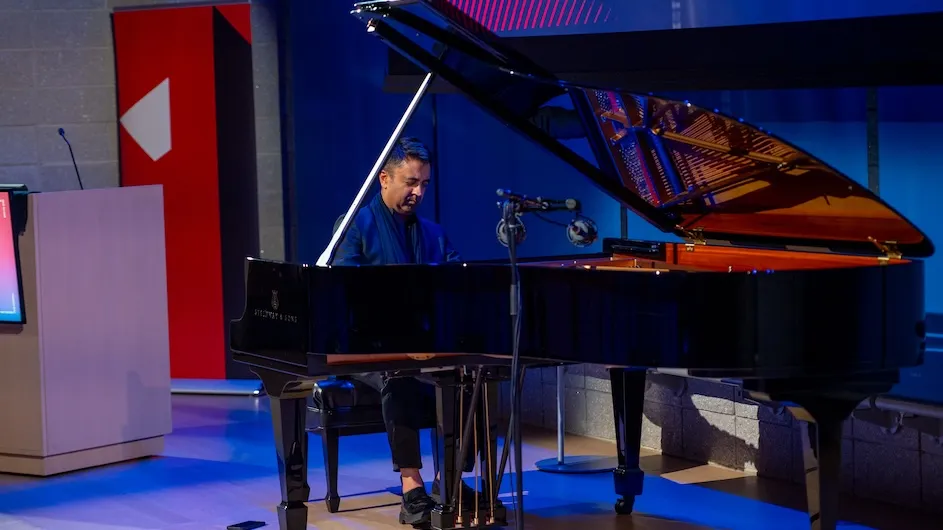 Pianist and composer, Vijay Iyer, performing a work shaped by his response to 9/11 and its aftermath at the “Forever War” symposium at Columbia University. Photo by Siobhan Mullan.