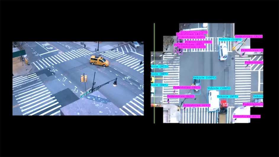 Two images side by side showing a New York intersection. The first image is empty, minus a yellow tax and person crossing the street. The second image is diagrammed using AI to show a busy intersection