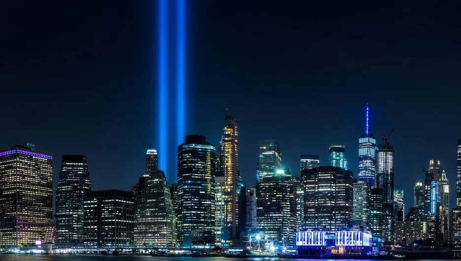 Photo of the beams of light in lower Manhattan where the Twin Towers once stood.