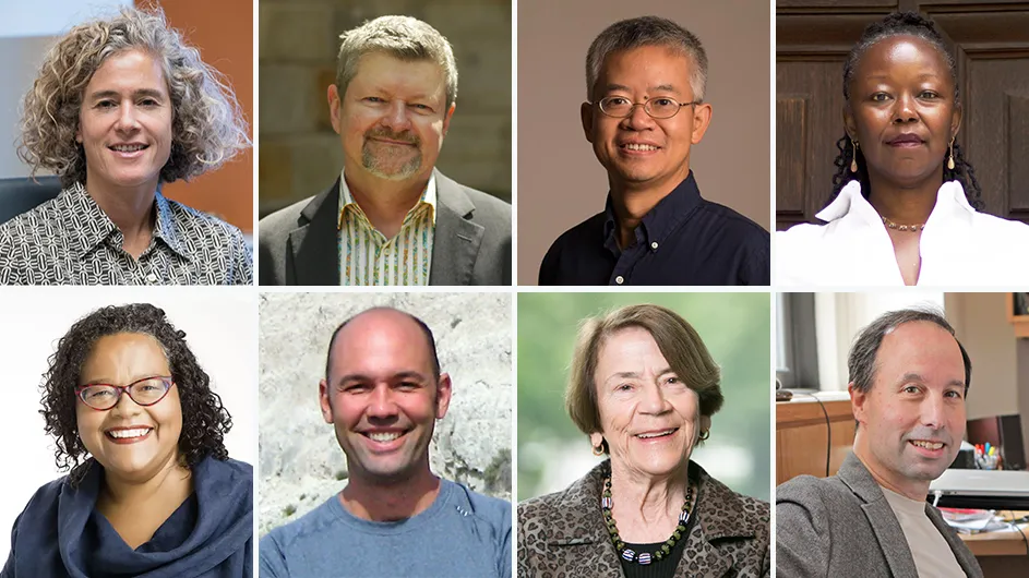 From top left: Keren Bergman, Charles Batchelor Professor of Electrical Engineering; George Chauncey, De Witt Clinton Professor of American History; Qiang Du, Fu Foundation Professor of Applied Mathematics; Farah Jasmine Griffin, University Professor; Kim F. Hall, professor of English at Barnard College; Tim Roughgarden, professor of computer science; Elizabeth S. Scott, Harold R. Medina Professor Emerita of Procedural Jurisprudence; and Michael N. Shadlen, professor of neuroscience.