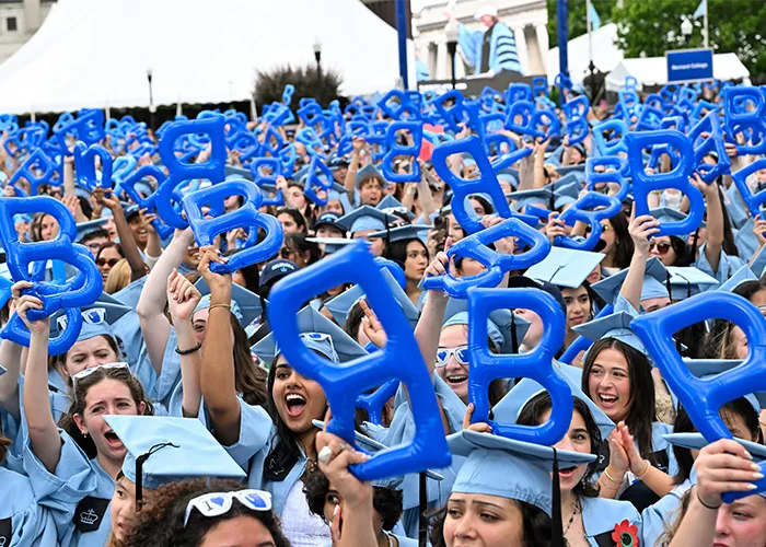 A sea of Blue Barnard B inflatables at Commencement