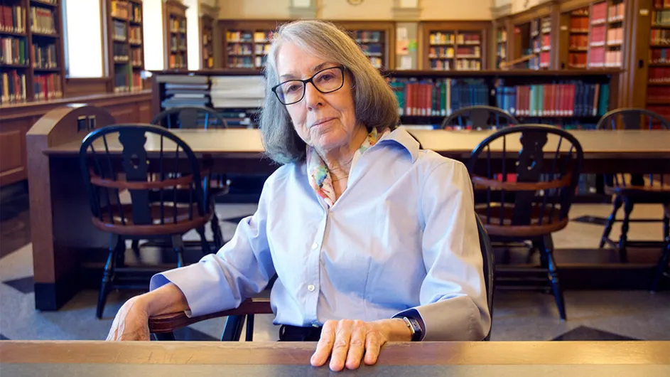 Caroline Walker Bynum in the ⁠Ancient & Medieval Studies Reading Room of Butler Library. (Len Small / Columbia Magazine)
