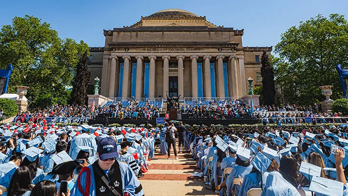 The view toward Low Library and Alma Mater during the morning Commencement ceremony for graduate students. Photo by Brandon Vallejo/Columbia University.