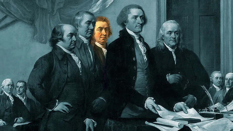 Declaration of Independence authors Adams, Sherman, Livingston, Jefferson, and Franklin (National Portrait Gallery).
