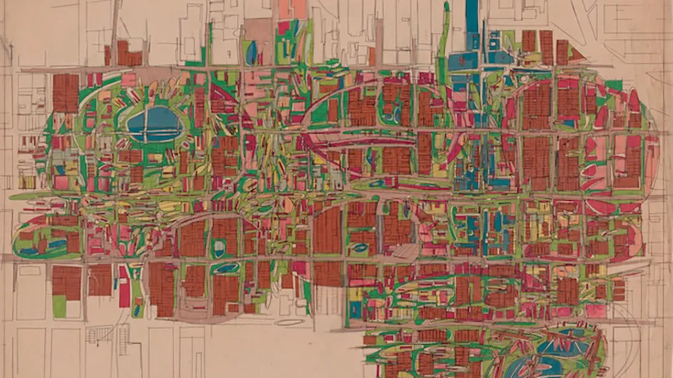Michael Sorkin, "East NY," 1995-1996. East NY, Brooklyn. Courtesy of Drawings and Archives, Avery Architectural and Fine Arts Library, Columbia University.