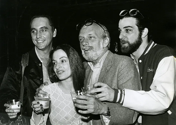 Left to right: Bob Gunton, Patti LuPone, Hal Prince, and Mandy Patinkin; "Evita" cast party photo by Van Williams (1980), LuPone Archives, Rare Book & Manuscript Library, Columbia University.
