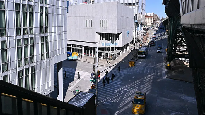A layered view of the entrance to Columbia's Manhattanville campus. 