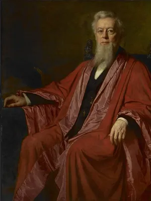 A portrait of Frederick A.P. Barnard wearing crimson doctoral robes in 1886.