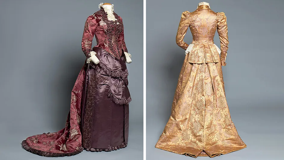 Late-nineteenth-century dresses from the French couturiers Maison Lévilion (left) and House of Worth. (Western Reserve Historical Society, Cleveland / 2026 Shayla Oliver-Tuma)