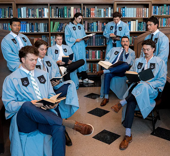 The 2025 grads from Columbia’s Baseball team (back-to-back Ivy League champions, we might add!) get studious in their regalia in Butler Library.