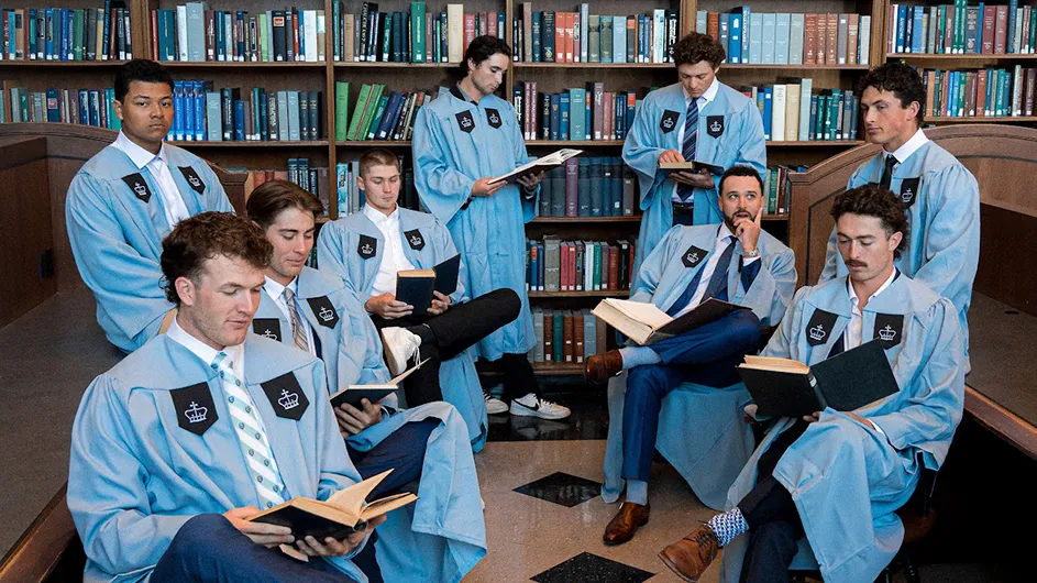 The 2025 grads of the Columbia baseball team pose in Butler Library.
