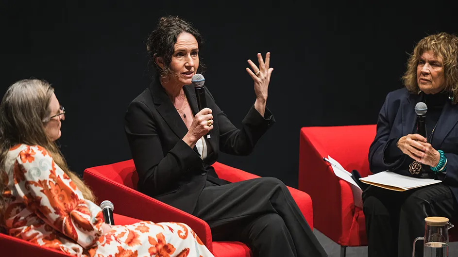 From left to right: Sarah Ruhl, Alan Kanzer Writer-in-Residence at Zuckerman Institute; Daphna Shohamy, Kavli Professor of Brain Science and director/CEO of the Zuckerman Institute; and Carol Becker, professor and dean emerita of School of the Arts at the Lenfest Center for the Arts.