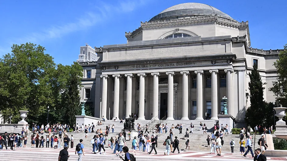 Columbia University students on Low Plaza in front of Low Library on Morningside campus in fall 2026. 