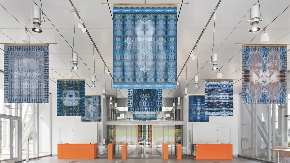 "We be the luminous blues…" by School of the Arts Assistant Professor Adama Delphine Fawundu. Lenfest Center for the Arts lobby, Columbia University. Photo: Olympia Shannon Studio.