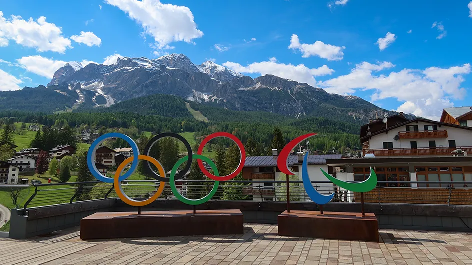 Cortina d'Ampezzo 2026 Olympic Rings with Scenic Dolomites View in Cortina d'Ampezzo, Italy. 