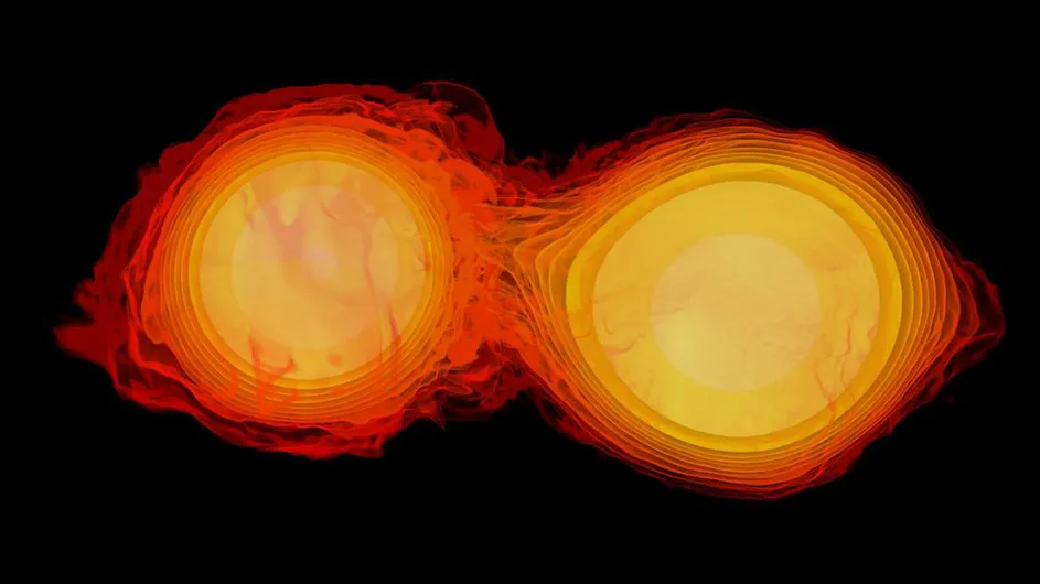Columbia researcher Luca Comisso’s new finding on "gravitational reconnection" could help explain cosmic events like the merger of two neutron stars into a black hole, shown here in a supercomputer simulation.