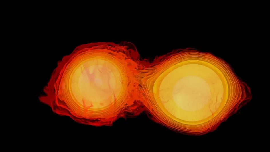 Columbia researcher Luca Comisso’s new finding on "gravitational reconnection" could help explain cosmic events like the merger of two neutron stars into a black hole, shown here in a supercomputer simulation.
 (NASA's Goddard Space Flight Center)