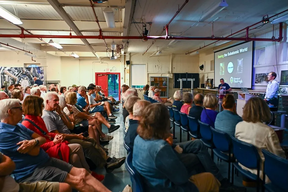 Members of the public gather for Tae Min-Hong’s Science-on-Hudson lecture. The talks are held monthly by Nevis Laboratories during the academic year, and are usually full, with close to 200 guests.