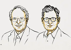 The official Nobel Prize drawing of Columbia’s Michael Woodford (right) and Stanford’s Robert E. Hall (left): the winners of the 2026 Nobel Memorial Prize in Economics, known as the Sveriges Riksbank Prize in Economic Sciences in Memory of Alfred Nobel.