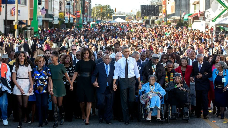 President Barack Obama and his family join others, including prominent civil rights leaders, in a walk across the Edmund Pettus Bridge  to commemorate the 50th anniversary of the Selma to Montgomery civil rights marches in Selma, Alabama, on March 7, 2015. Photo by Lawrence Jackson.  
