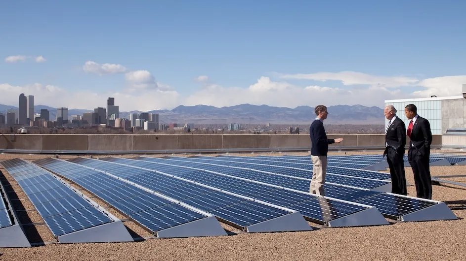 President Barack Obama and Vice President Joe Biden speak with Blake Jones, CEO of Namaste Solar Electric, Inc., while looking at solar panels at the Denver Museum of Nature and Science in Denver, Colorado, on Feb. 17, 2009. Photo by Pete Souza