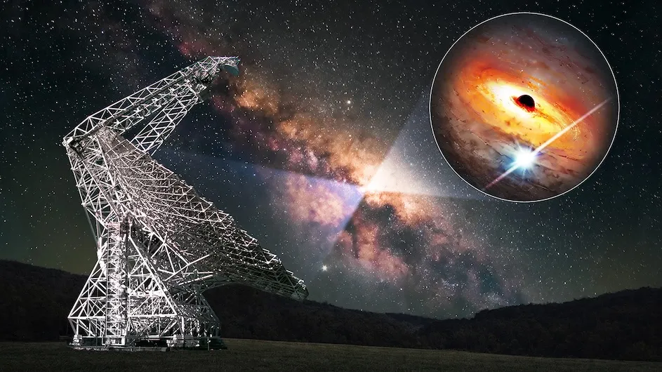 Illustration of the Green Bank radio telescope observing a pulsar in the center of the Milky Way Galaxy. (Danielle Futselaar/Breakthrough Listen)