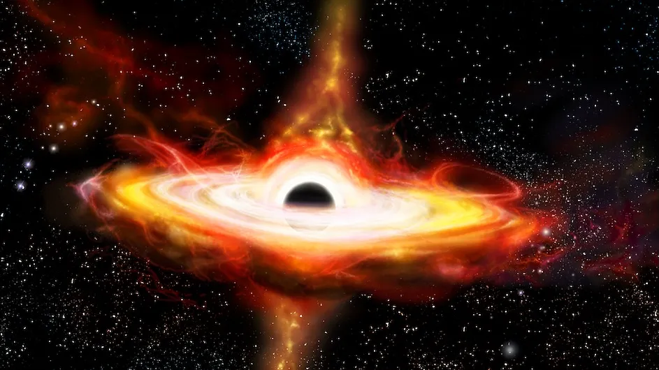 Artist's rendering of a quasar galaxy with black hole in its center in deep space.