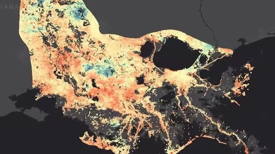Pattern of land subsidence over the Mississippi River delta. More than half of the land measured on the Mississippi delta is sinking at a rate faster than four millimeters per year, with a maximum sinking rate exceeding 30 millimeters per year. 