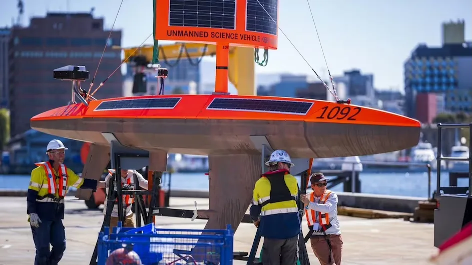The first of a new fleet of uncrewed surface vehicles (USVs) being readied for deployment from Hobart, Tasmania, to begin data collection in the Southern Ocean. Credit: CSIRO/AAPP