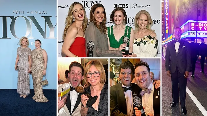 A few of Columbia's Tony winners, clockwise from left 'Schmigadoon!' — Megan O’Keefe (LAW’17, BUS’17) on the right; 'Liberation' — Prince Fellowship alum and Adjunct Assistant Professor Rachel Sussman in green; 'Ragtime' — Lamar Richardson (CC'15); 'Schmigadoon!' —  David Manella (SOA’18) on the left; 'Schmigadoon!' —  Alex Donnelly (CC’14) on the left. Photos courtesy of those featured.