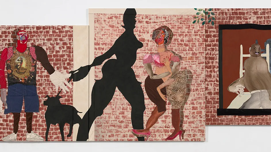 Tschabalala Self, 2022. Jean fabric, digitally printed 
t-shirt, velvet, lace, tulle, painted canvas, dyed canvas, acrylic, and Flashe on canvas. Courtesy of the artist.