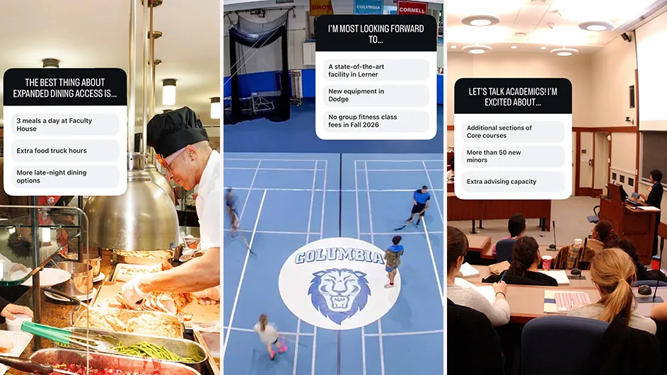 Image of Instagram Story asking Columbia students what they are most excited about in terms of the student experience commitments announced this week.