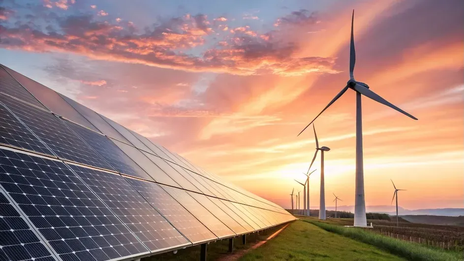 Wind turbines and solar panels.