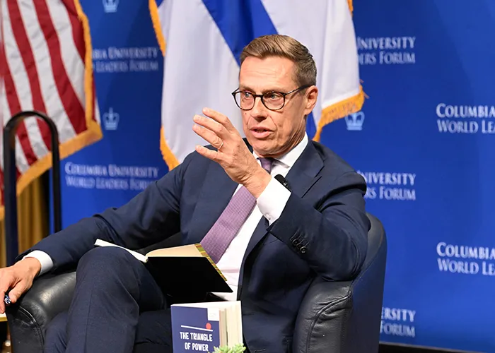 Alexander Stubb, President of the Republic of Finland, speaks on stage at the 2026 Columbia University World Leaders Forum.
