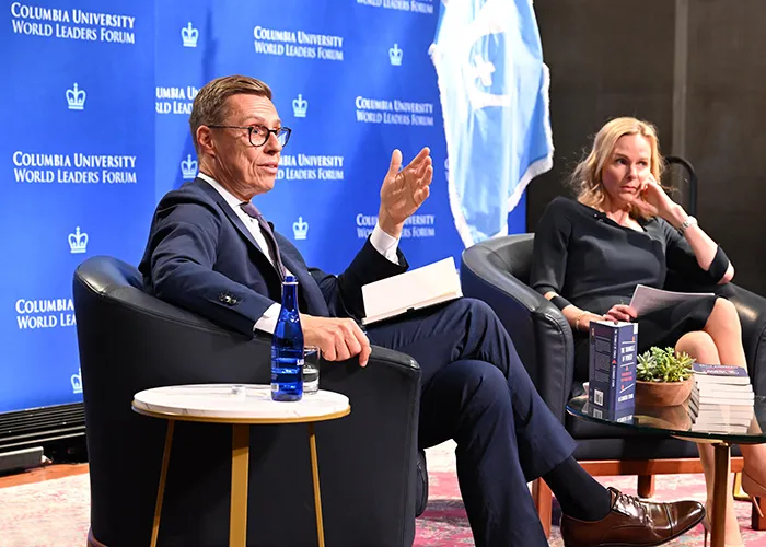 Alexander Stubb, President of the Republic of Finland, speaks on stage with Anu Bradford, Henry L. Moses Professor of Law and International Organization at the 2026 Columbia University World Leaders Forum.