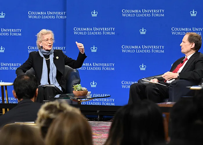 Mary Robinson, Former President of Ireland, speaks with University Professor Michael Doyle on stage at the 2026 Columbia University World Leaders Forum.