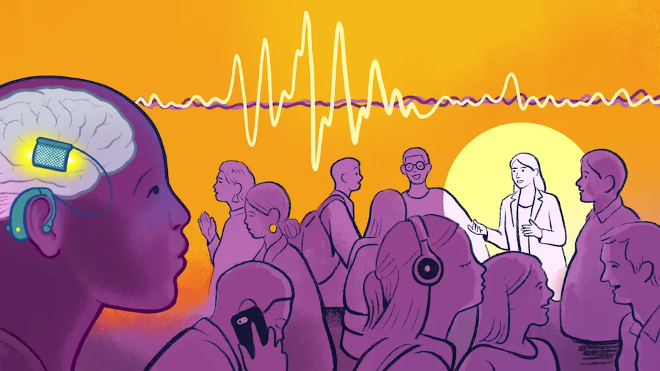 Illustration of a person who can hear a single voice in a crowd with the help of brain-controlled hearing technology.